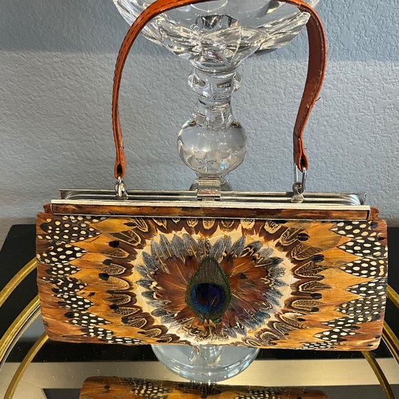 VTG Outdoor Forest Fairytale Wedding Feather Frame Bag Woodsy Bride Brown Blue - Picture 3 of 16